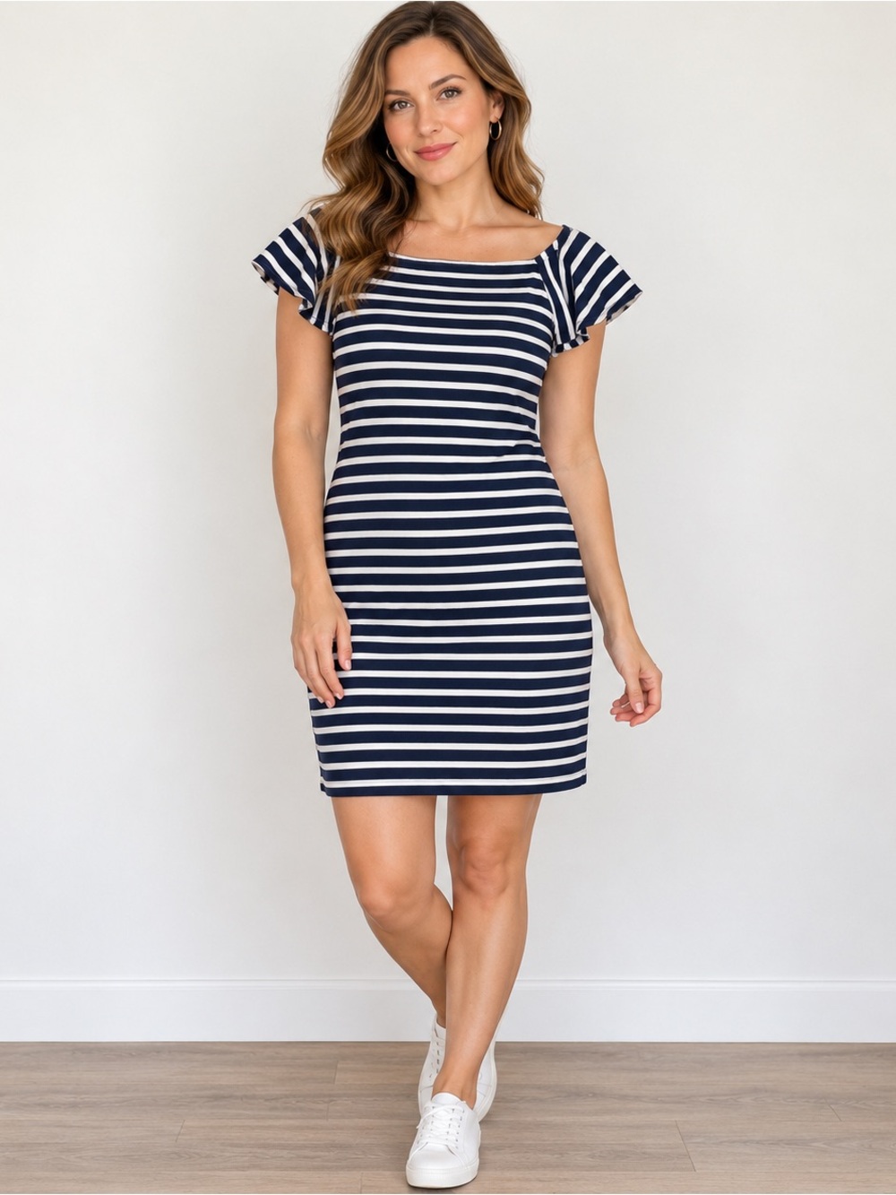 Lauren Ralph Lauren Navy White Striped Cotton Flutter Sleeve Dress M